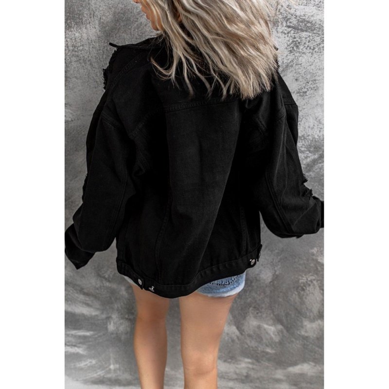 Black Distressed Buttons Chest Pockets Denim Jacket