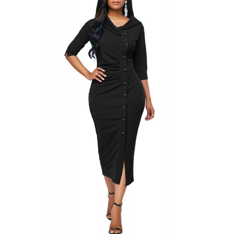 Black Button Up Front Slit Sheath Midi Dress - from category Midi Dresses