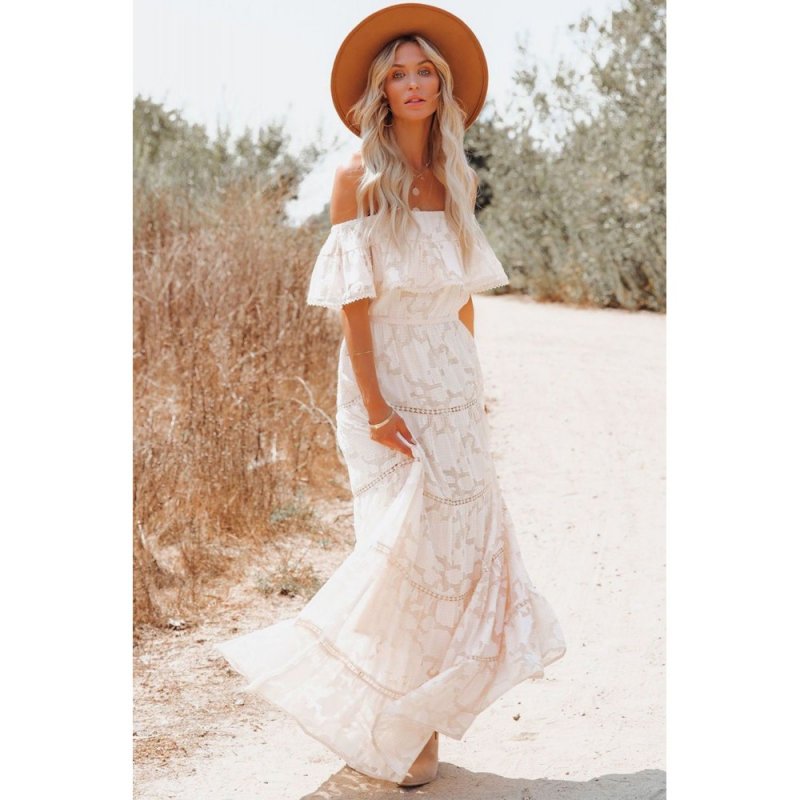 White Off-the-shoulder Ruffled Lace Maxi Dress