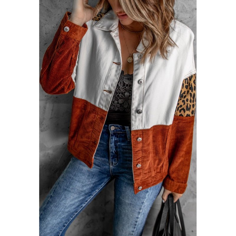 Leopard Color Block Buttons Corduroy Jacket - from category Jackets & Coats