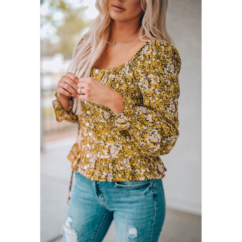 Yellow Square Neck Smocked Floral Top - from category Long Sleeve Tops