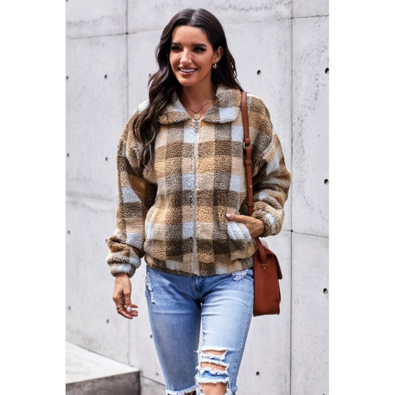 Brown Plaid Print Sherpa Jacket Coat