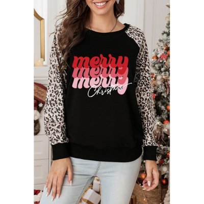 Christmas Letter Print Leopard Long Sleeve Shirt - from category Long Sleeve Tops