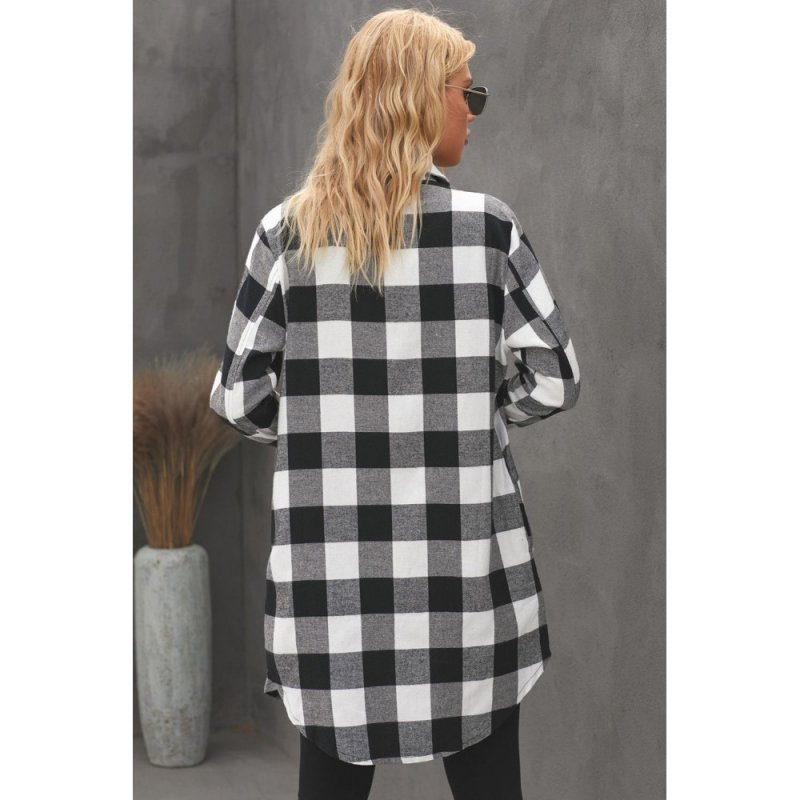 Black Turn-down Collar Plaid Shirt Coat - from category Jackets & Coats