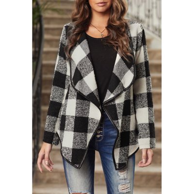 Black Plaid Long Sleeve Asymmetric Collar Open Front Coat - from category Jackets & Coats