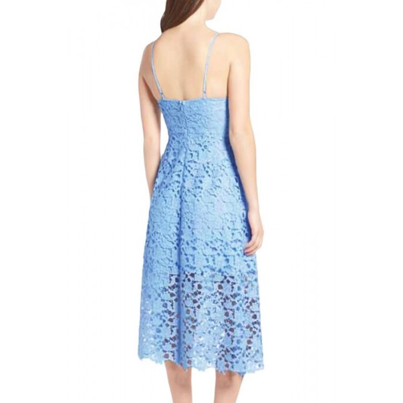 Light Blue Spaghetti Strap V-Neck Lace Midi Dress - from category Midi Dresses