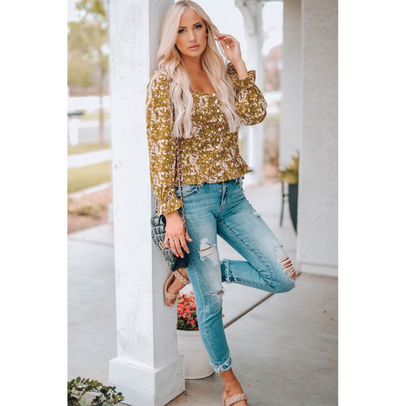 Yellow Square Neck Smocked Floral Top - from category Long Sleeve Tops