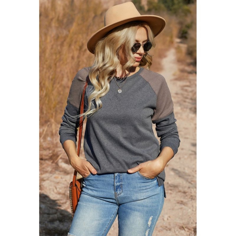 Dark Gray Color Block Raglan Sleeve Top - from category Long Sleeve Tops