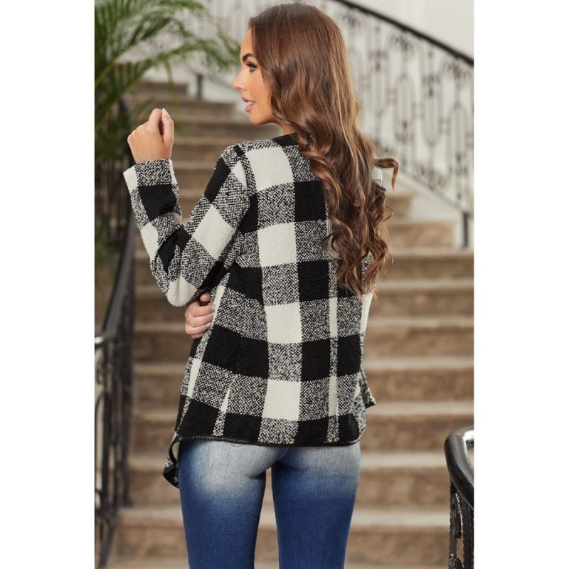 Black Plaid Long Sleeve Asymmetric Collar Open Front Coat - from category Jackets & Coats