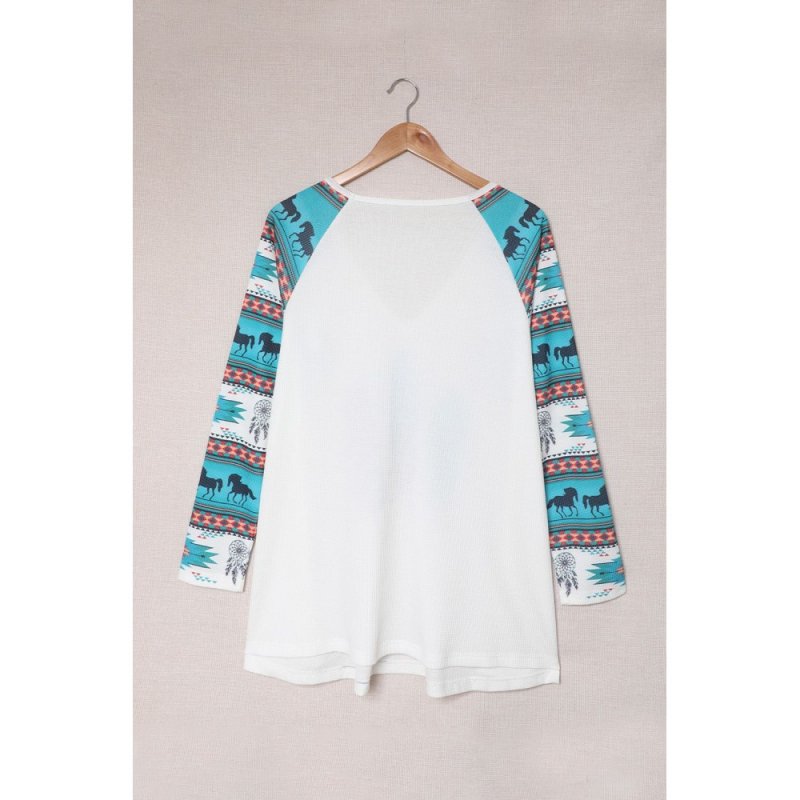 Western Aztec Geometric Feather Horse Blouse - from category Long Sleeve Tops