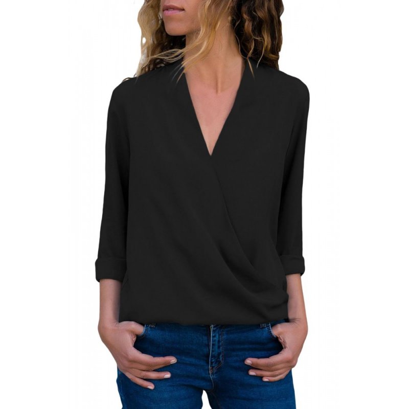 Black Wrap Front Long Sleeve Blouse - from category Long Sleeve Tops