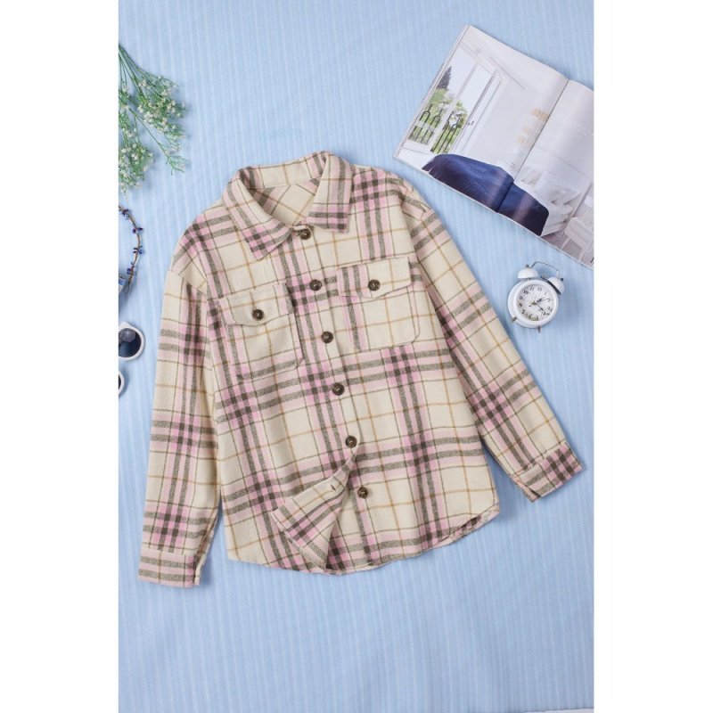 Pocketed Button-up Long Sleeve Plaid Jacket - from category Jackets & Coats