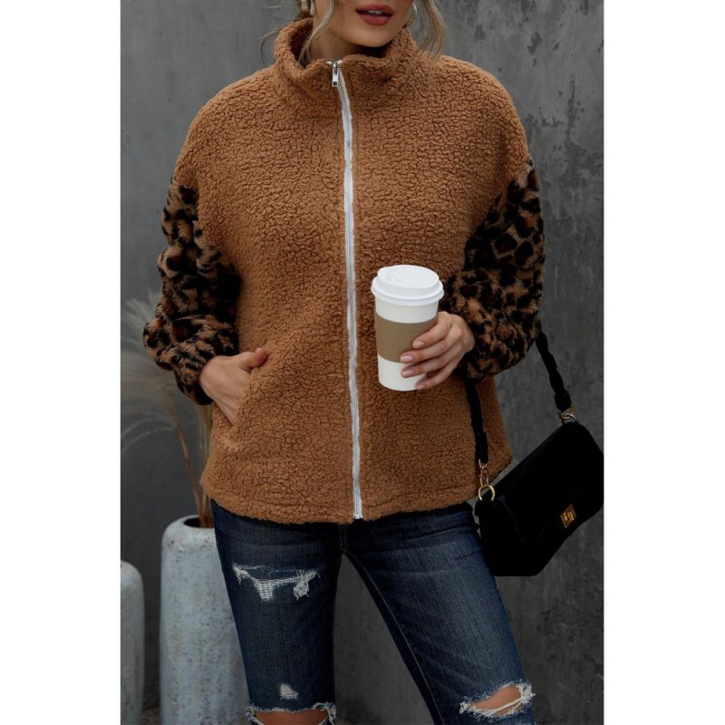 Brown Leopard Raglan Sleeve Zipped Sherpa Coat - from category Jackets & Coats