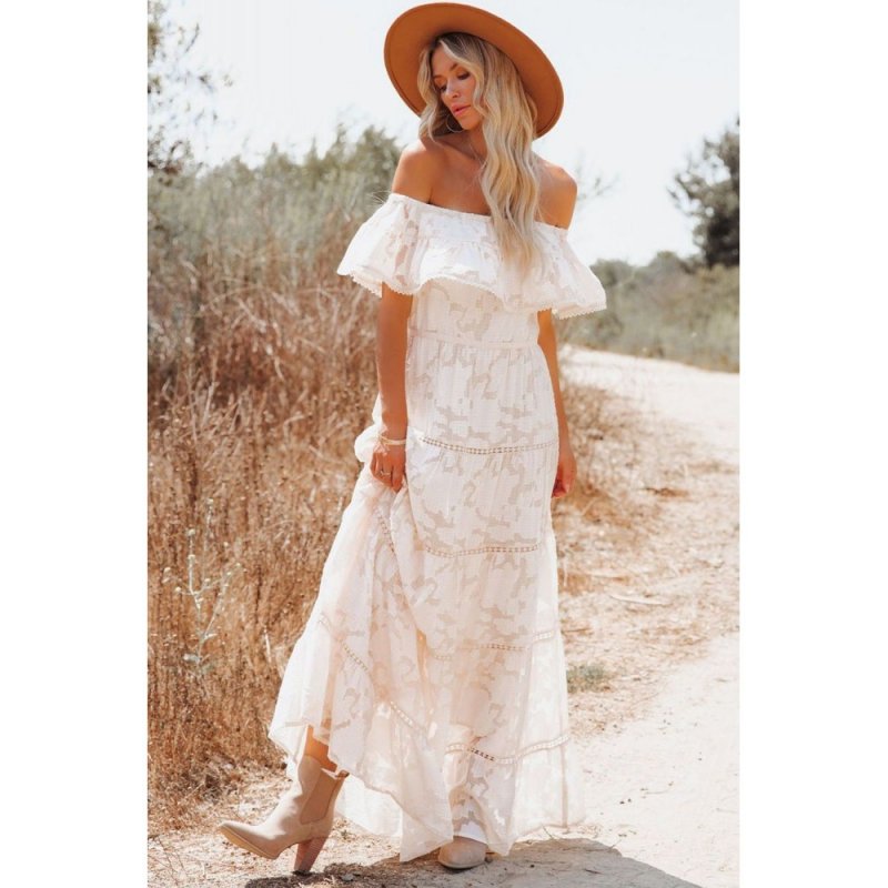 White Off-the-shoulder Ruffled Lace Maxi Dress