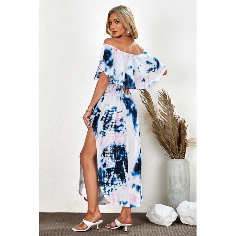 Ruffle Off Shoulder Neckline Tie-dye Maxi Dress with Slits - from category Maxi Dresses