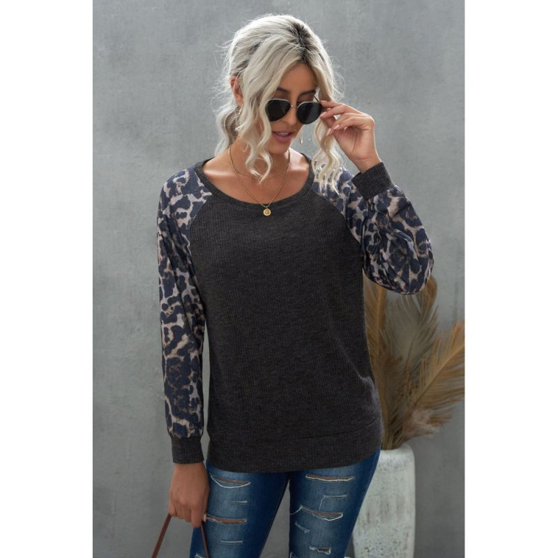 Gray Leopard Patch Ribbed Loose Long Sleeve Blouse - from category Long Sleeve Tops