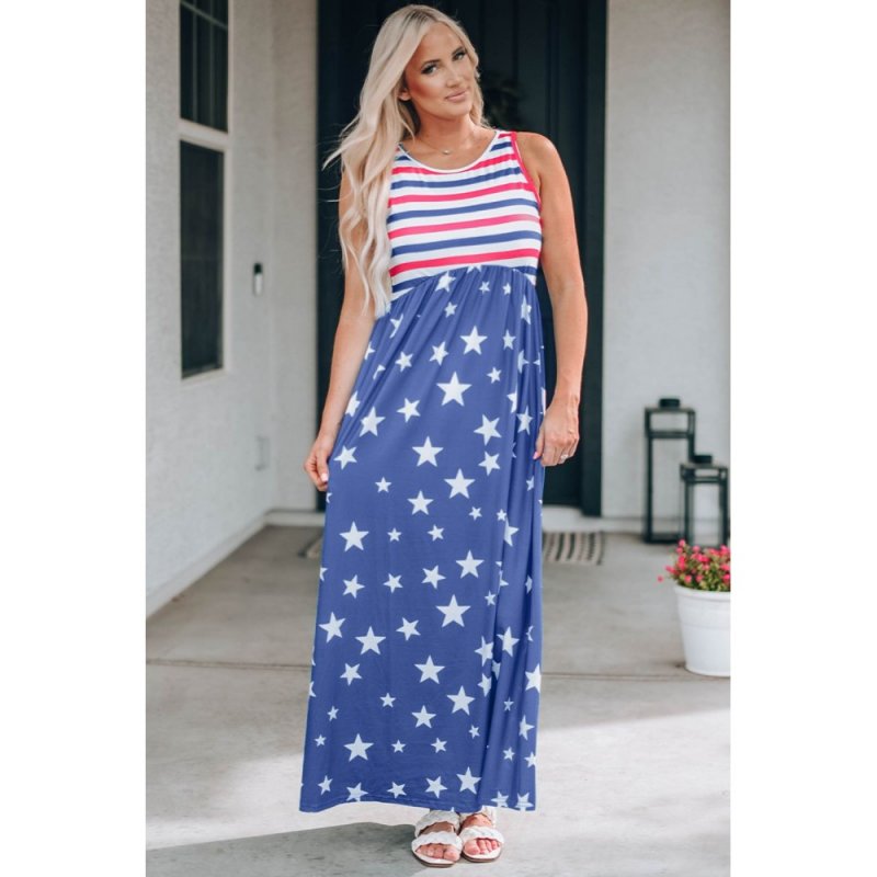 Blue Stripes and Stars Sleeveless Maxi Dress with Pockets - from category Maxi Dresses