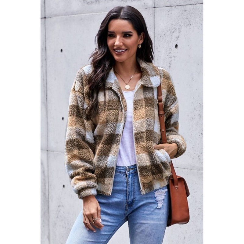 Brown Plaid Print Sherpa Jacket Coat