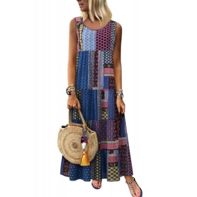 Blue Bohemian Splicing Round Neck Sleeveless Dress - from category Maxi Dresses