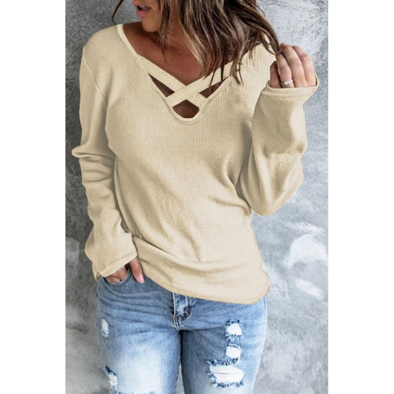 Beige Crisscross Neck Ribbed Knit Top - from category Long Sleeve Tops