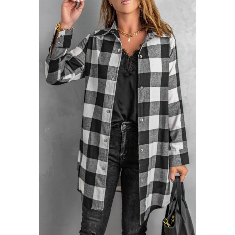 Black Turn-down Collar Plaid Shirt Coat - from category Jackets & Coats