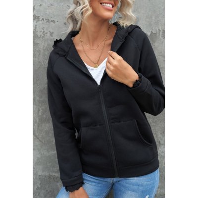 Black Zip-up Lace Trim Hooded Coat - from category Jackets & Coats