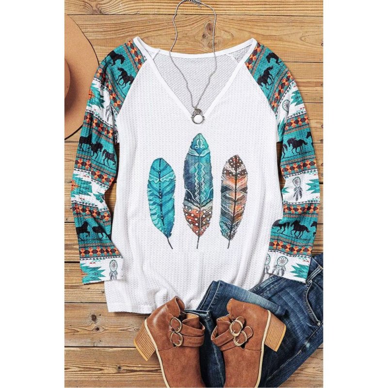 Western Aztec Geometric Feather Horse Blouse - from category Long Sleeve Tops