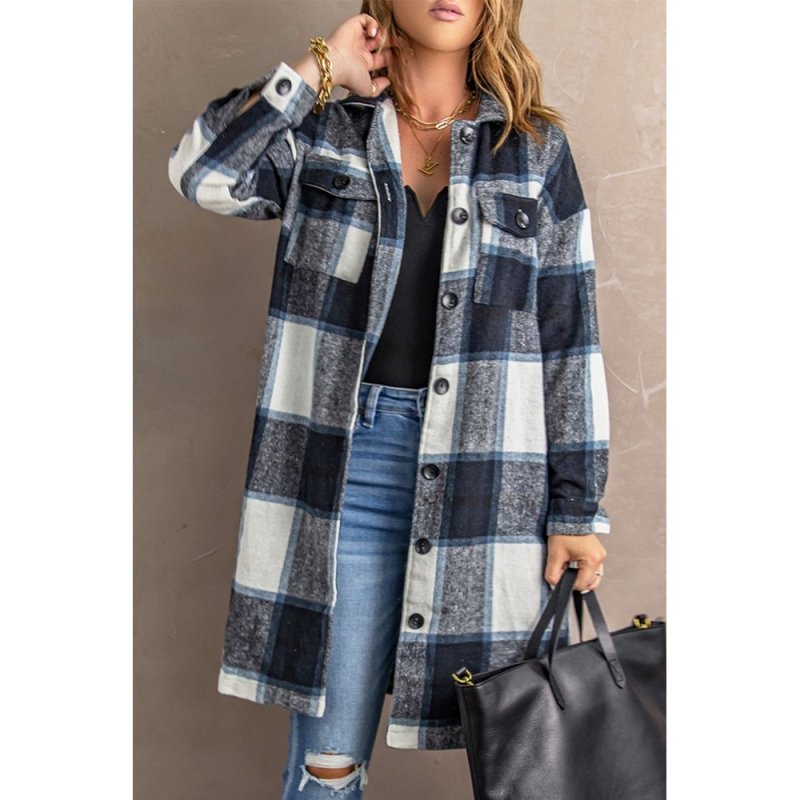 Black Shirt Collar Button Closure Plaid Coat