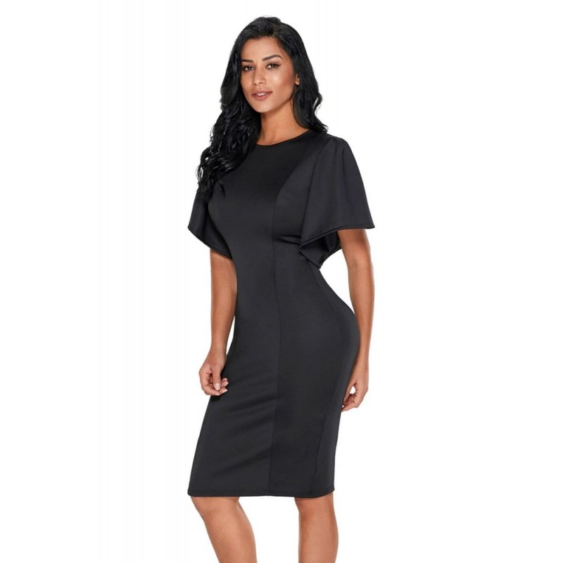 Black Flutter Sleeve Back Slit Sheath Dress - from category Midi Dresses