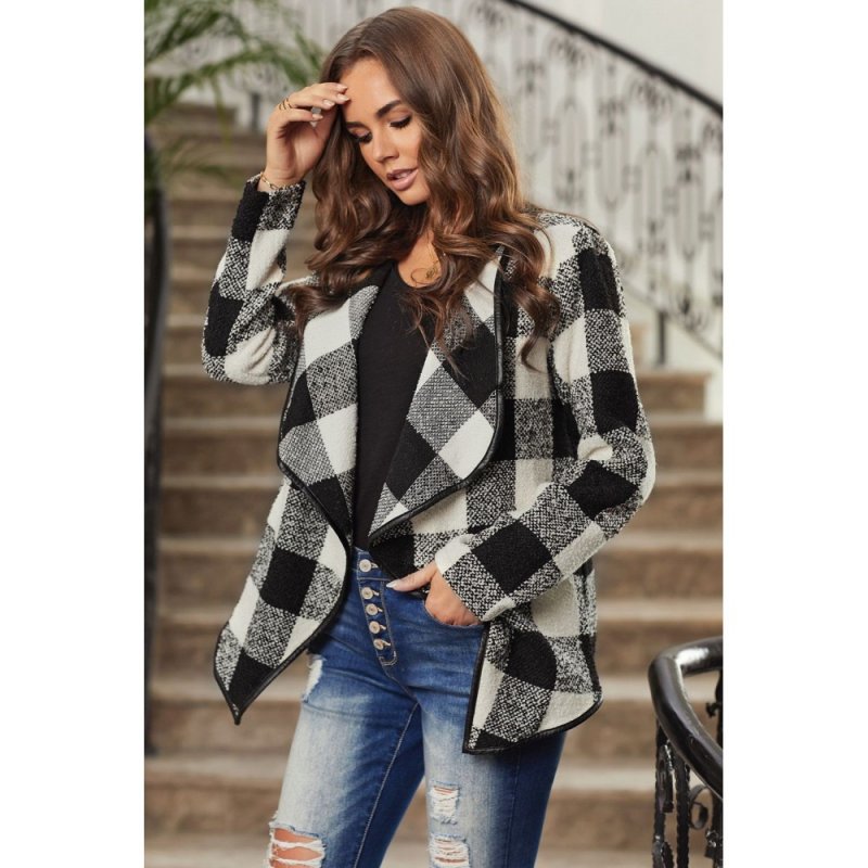 Black Plaid Long Sleeve Asymmetric Collar Open Front Coat - from category Jackets & Coats