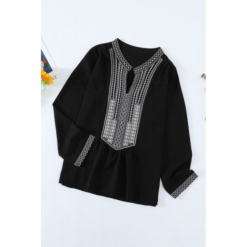 Black Long Sleeves Front Embroidery Blouse