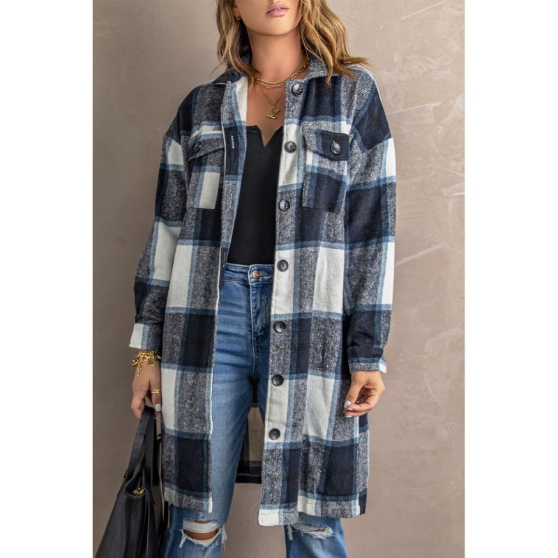 Black Shirt Collar Button Closure Plaid Coat