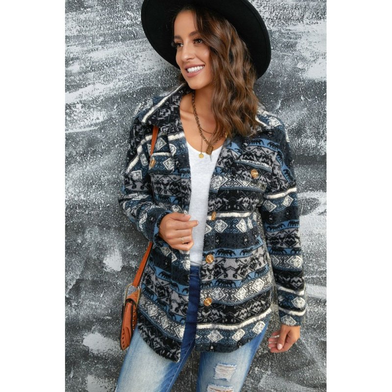 Blue Tribal Print Pocket Buttoned Sherpa Jacket - from category Jackets & Coats