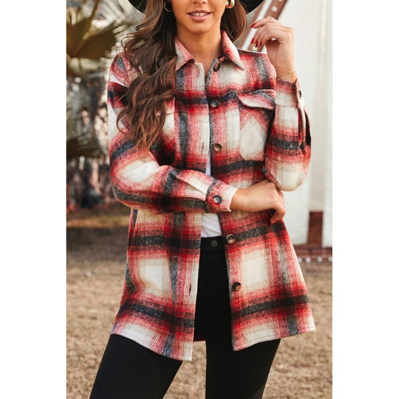 Red Turn down Neck Plaid Pocket Button Closure Coat - from category Jackets & Coats