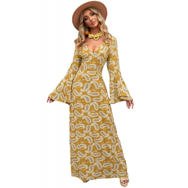 Yellow Bohemian V Neck Bell Sleeves Paisley Print Maxi Dress - from category Maxi Dresses