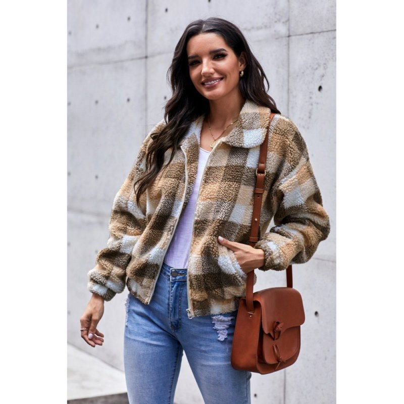 Brown Plaid Print Sherpa Jacket Coat