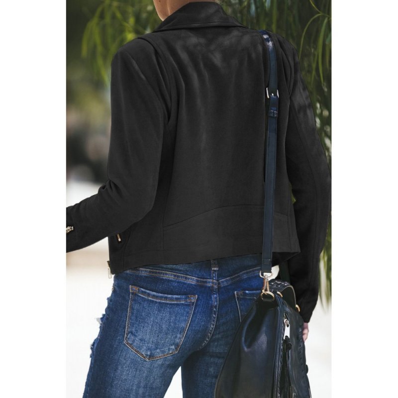 Black Zipped Notch Collar Short Jacket