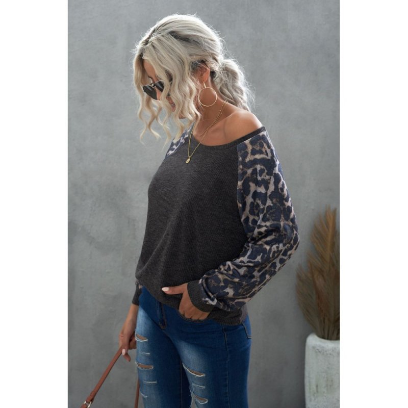 Gray Leopard Patch Ribbed Loose Long Sleeve Blouse - from category Long Sleeve Tops