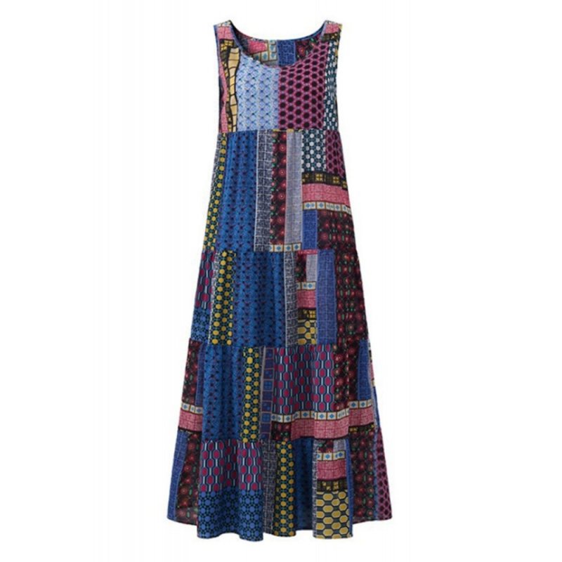 Blue Bohemian Splicing Round Neck Sleeveless Dress - from category Maxi Dresses