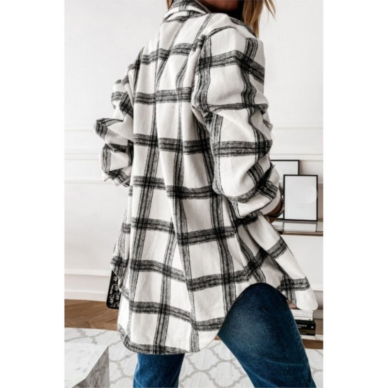 Black Plaid Pattern Buttoned Shirt Coat with Slits