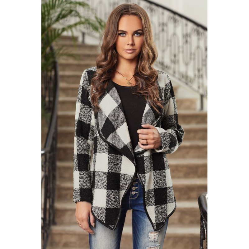 Black Plaid Long Sleeve Asymmetric Collar Open Front Coat - from category Jackets & Coats