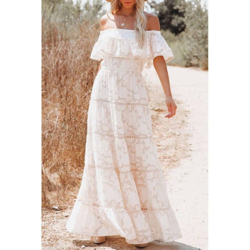 White Off-the-shoulder Ruffled Lace Maxi Dress