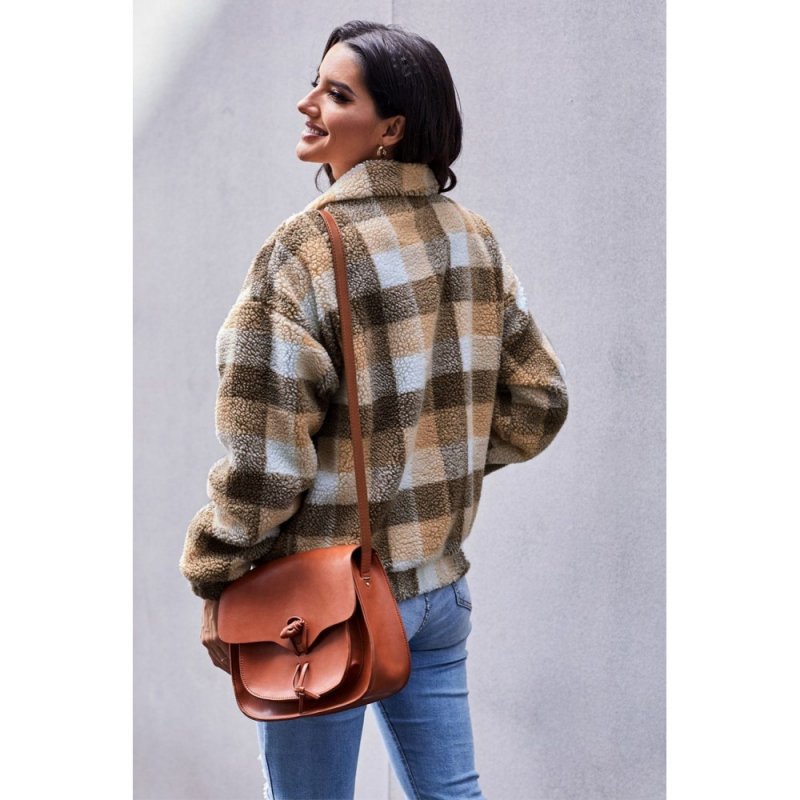 Brown Plaid Print Sherpa Jacket Coat