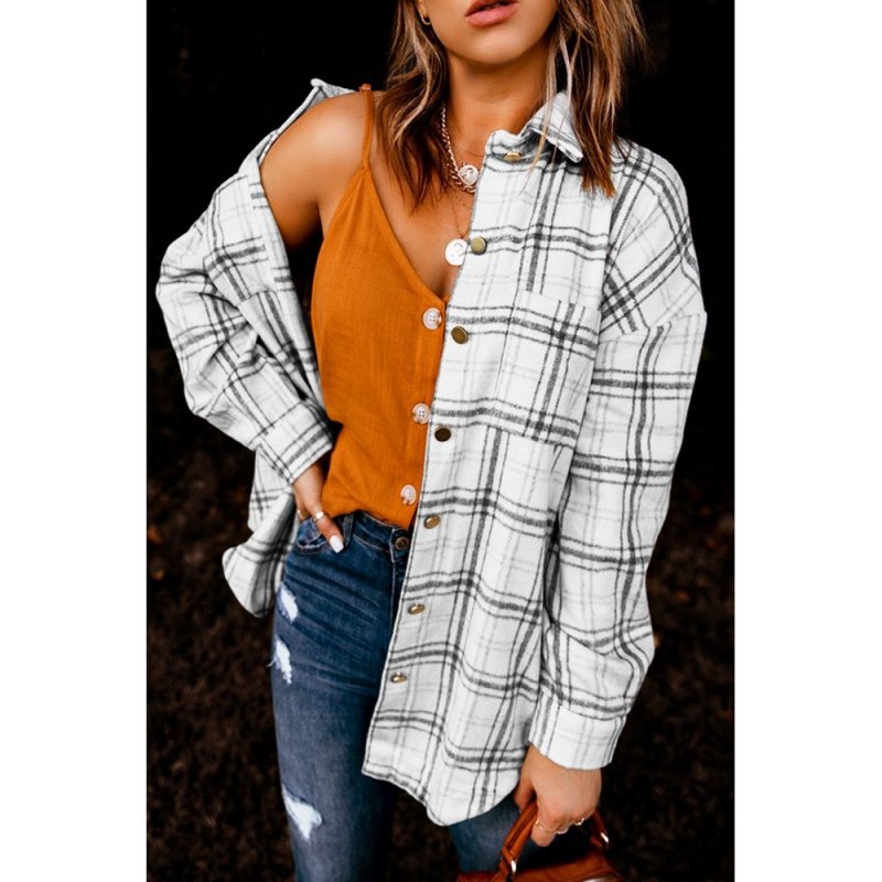 Black Plaid Pattern Buttoned Shirt Coat with Slits