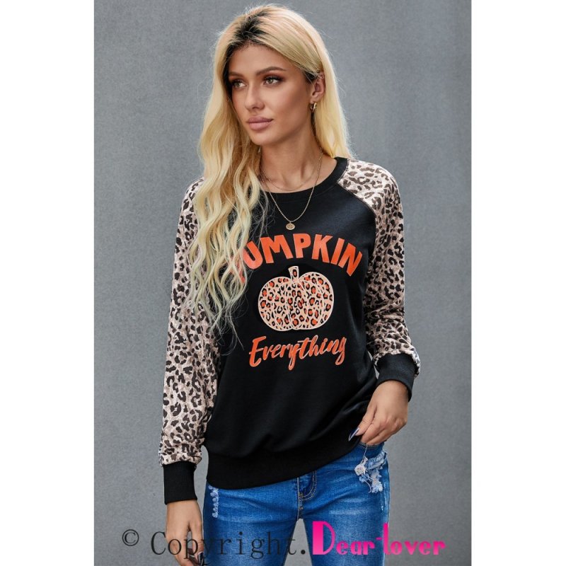 Halloween Leopard Pumpkin Print Long Sleeve Crew Neck Top - from category Long Sleeve Tops