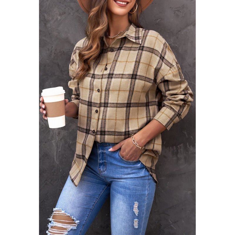 Brown Button-up Long Sleeve Plaid Shacket - from category Jackets & Coats