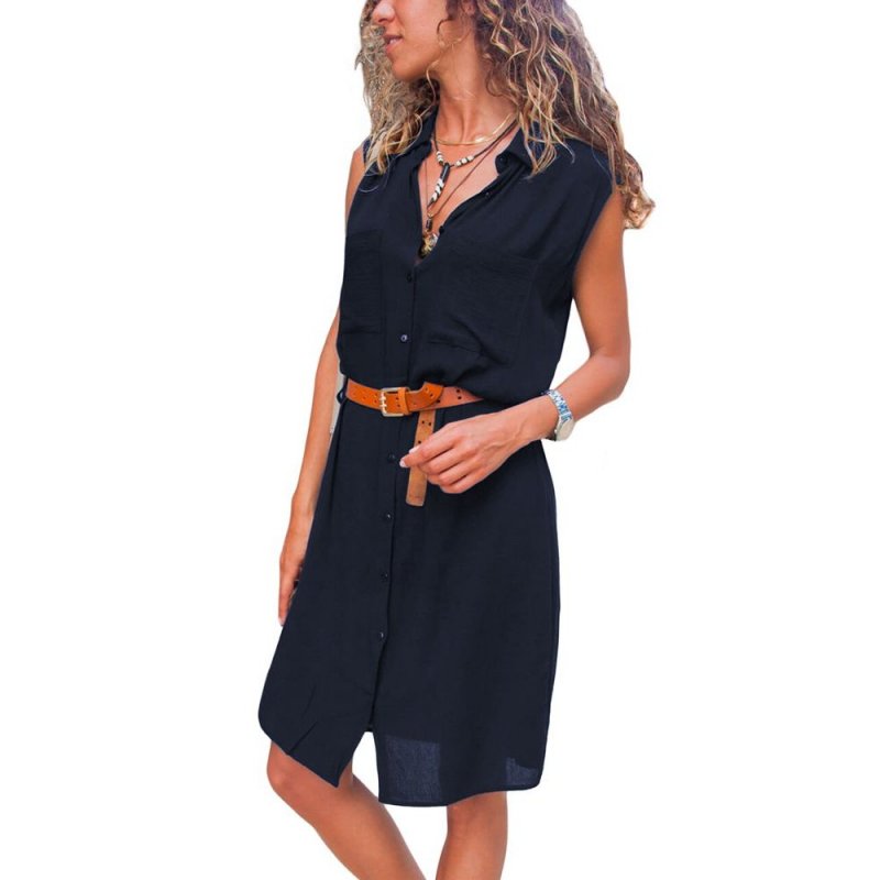 Blue Pockets Buttoned Sleeveless Shirt Dress - from category Midi Dresses