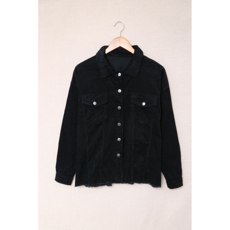 Black Corduroy Pocket Buttoned Jacket