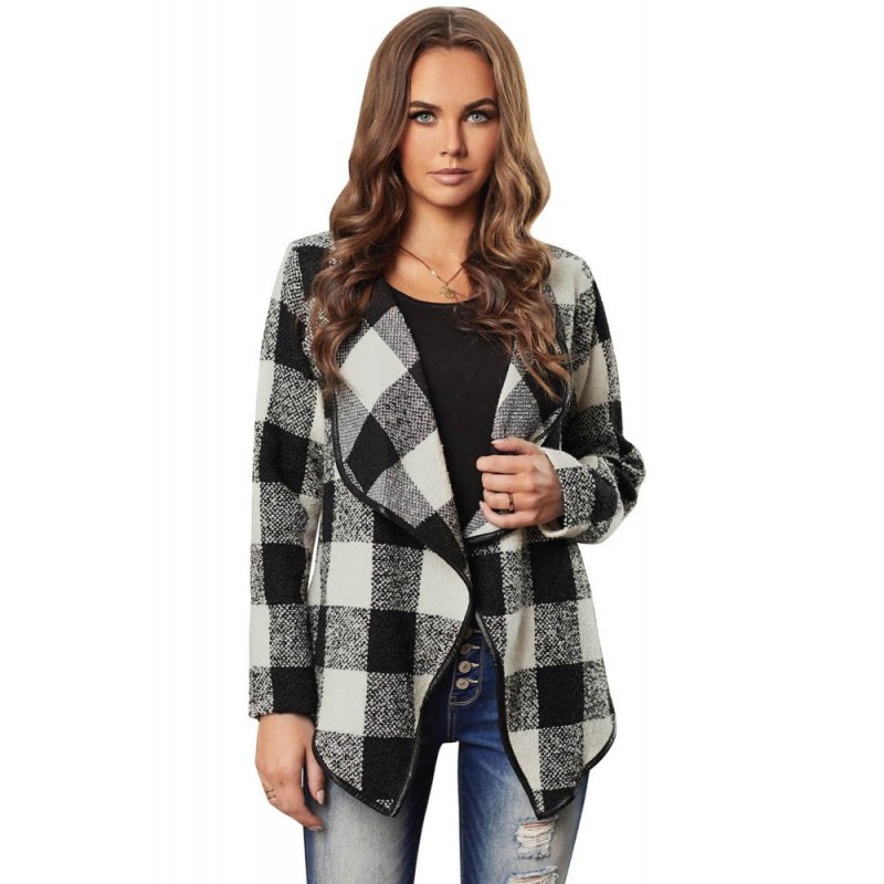 Black Plaid Long Sleeve Asymmetric Collar Open Front Coat - from category Jackets & Coats