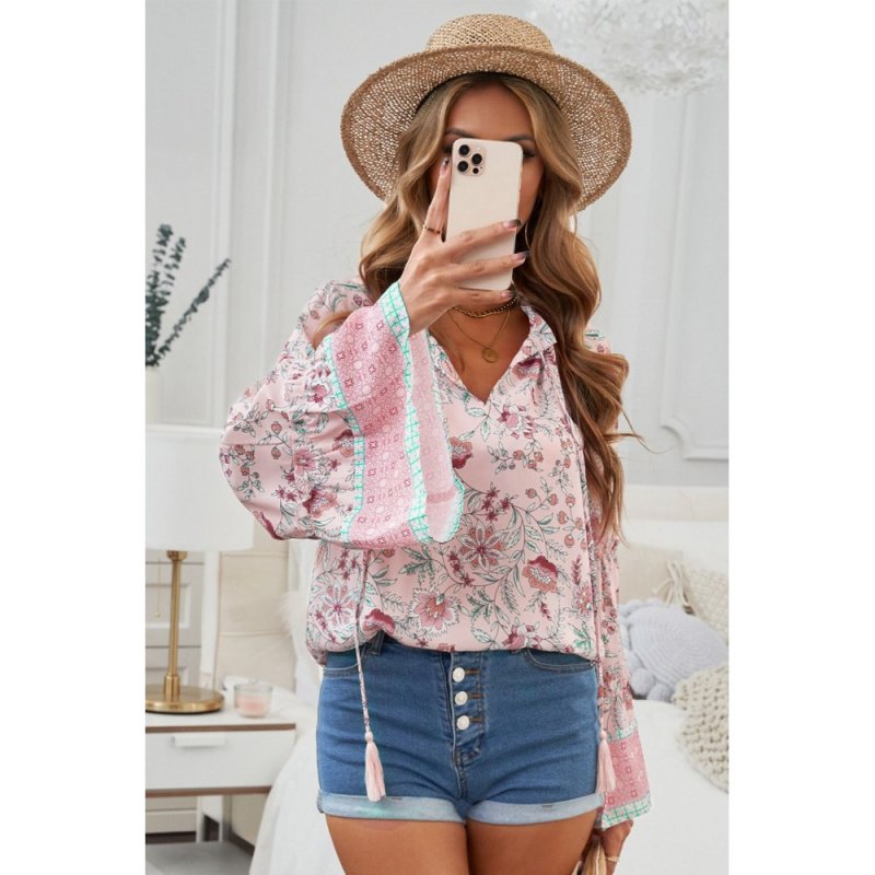 Pink Floral Print V Neck Drawstring Flared Sleeve Top - from category Long Sleeve Tops